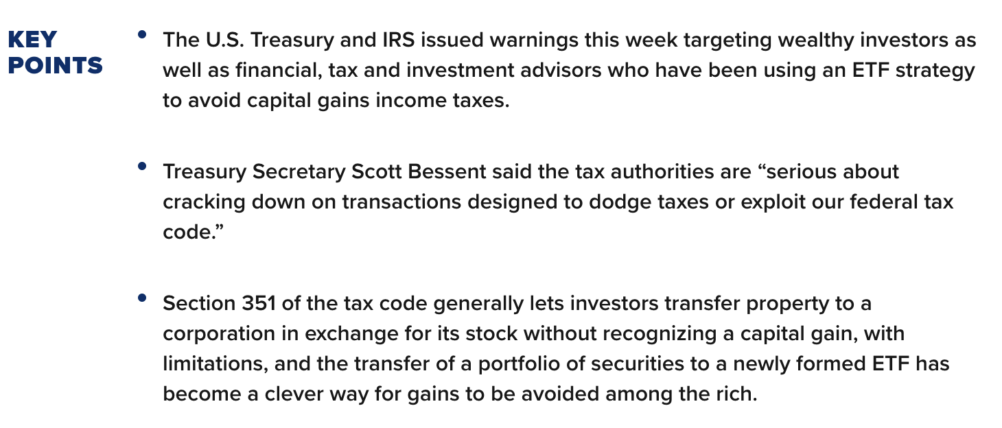 CNBC Key Points: Treasury and IRS warnings on the Section 351 ETF strategy, a quote from Treasury Secretary Scott Bessent, and an explanation of Section 351.